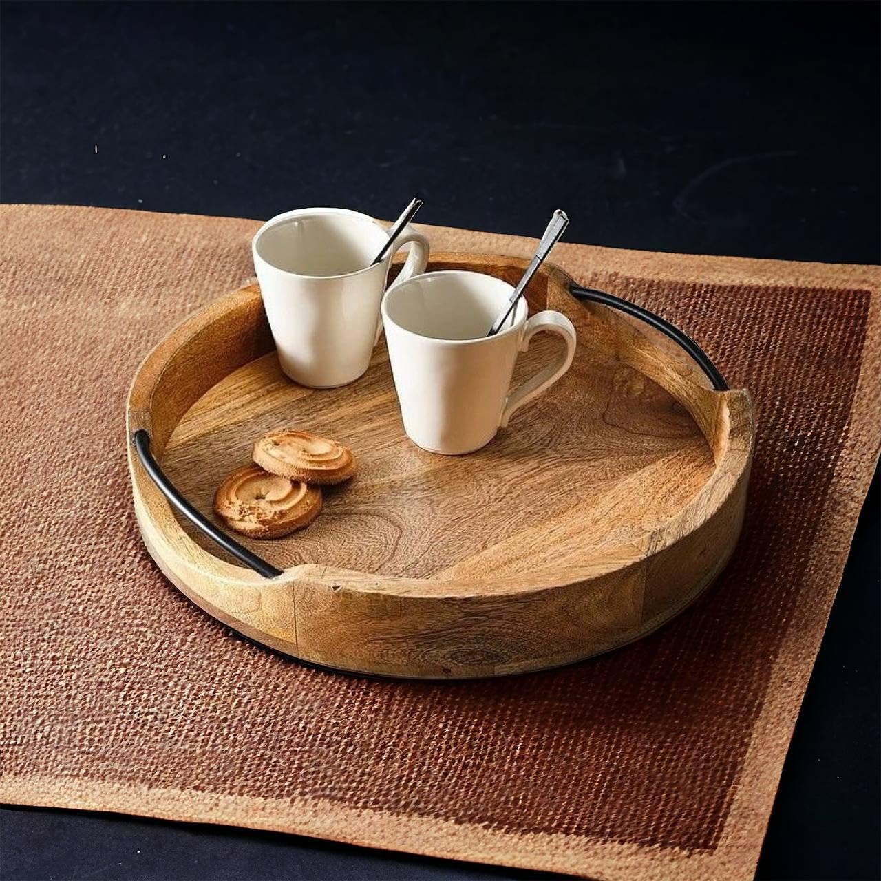 Craft Mshopr Medium Rustic Round Wooden Serving Tray 10X10X2 Inches - Handcrafted Mango Wood With Iron Handles - Decorative Kitc